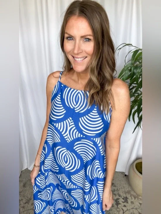 Blue & White Geometric Maxi Dress with contrasting trim - Picture 4 of 6